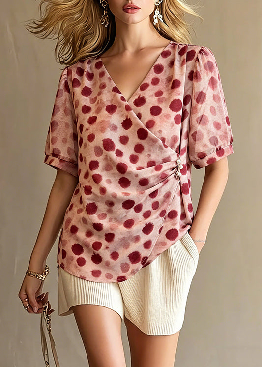 Red V Neck Print Top Summer