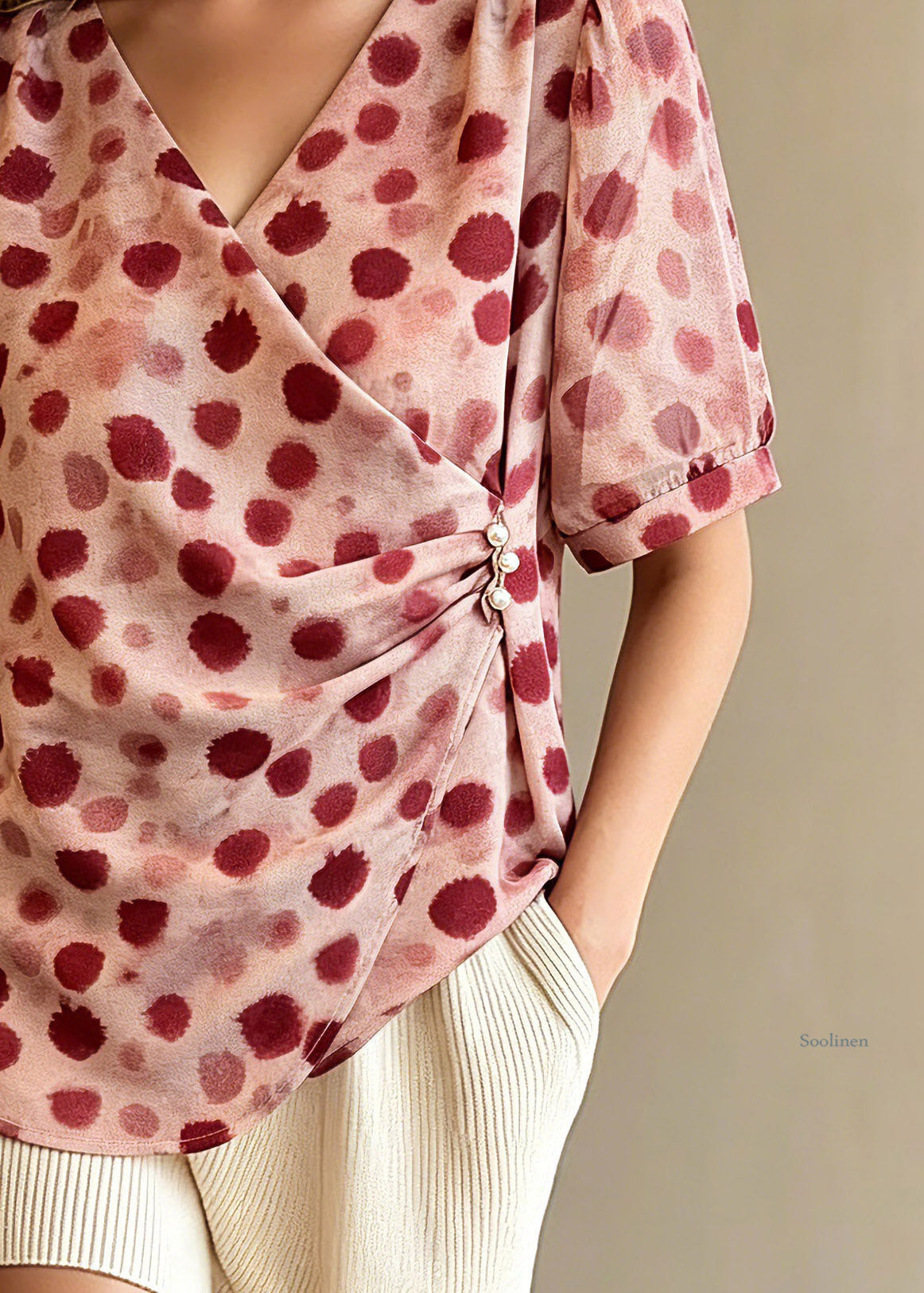 Red V Neck Print Top Summer