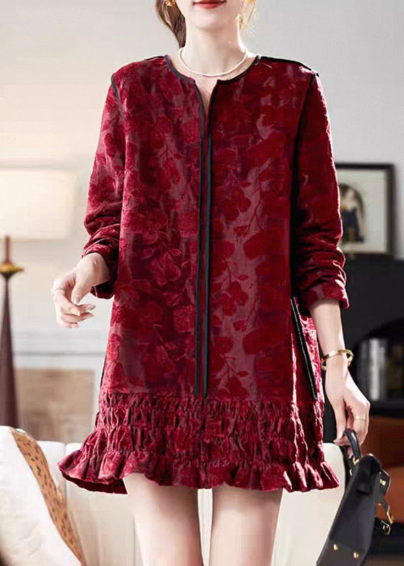 Red V Neck Ruffled Silk Velvet Vacation Mid Dresses Long Sleeve