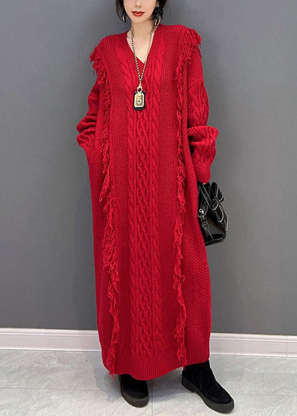 Red V Neck Tassel Long Knit Dress Winter