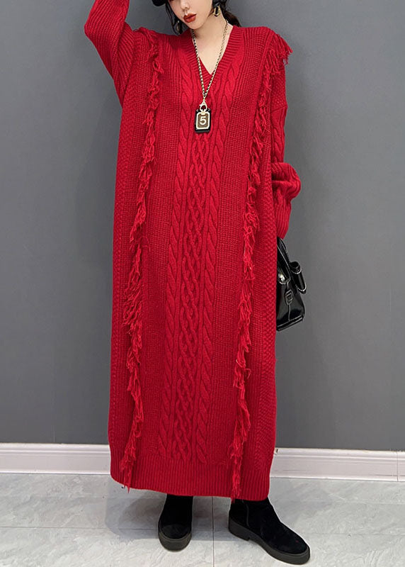 Red V Neck Tassel Long Knit Dress Winter
