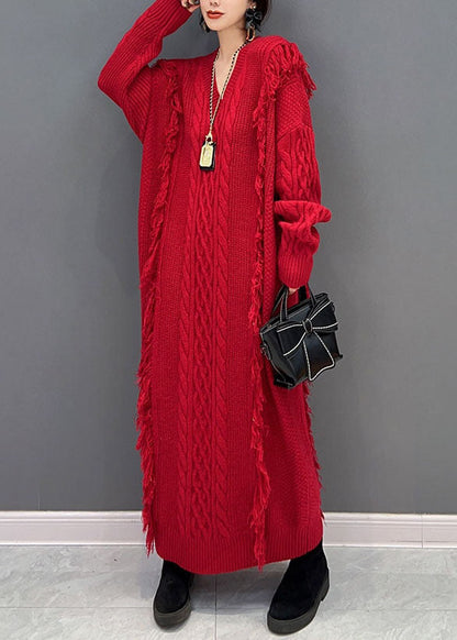 Red V Neck Tassel Long Knit Dress Winter