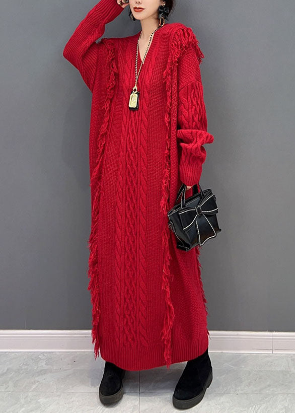 Red V Neck Tassel Long Knit Dress Winter