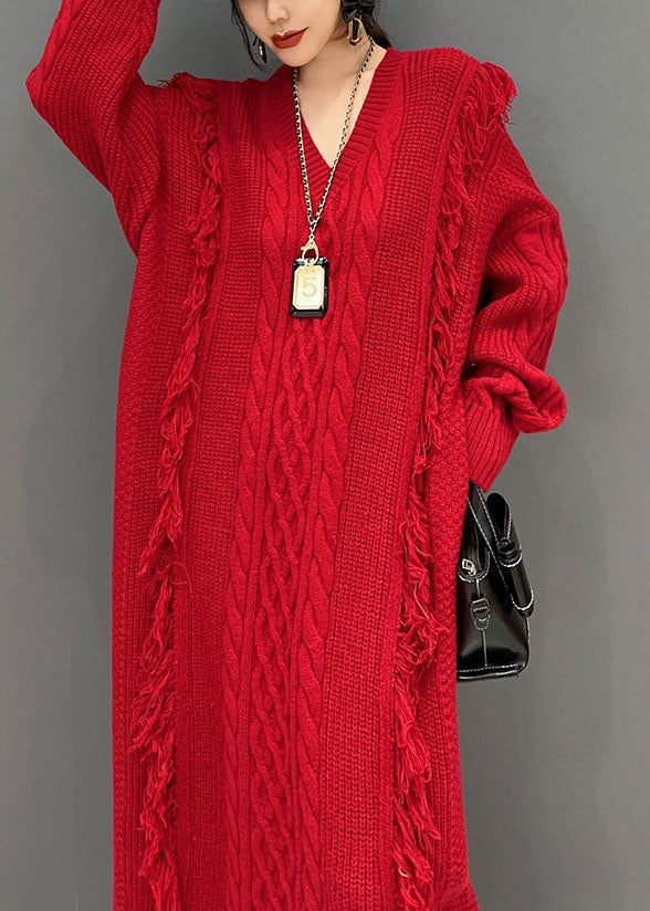 Red V Neck Tassel Long Knit Dress Winter