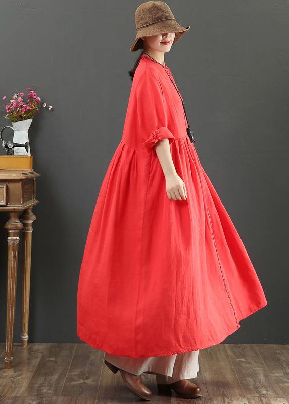 Red Cotton Outfit O Neck Cinched Robes Spring Dress