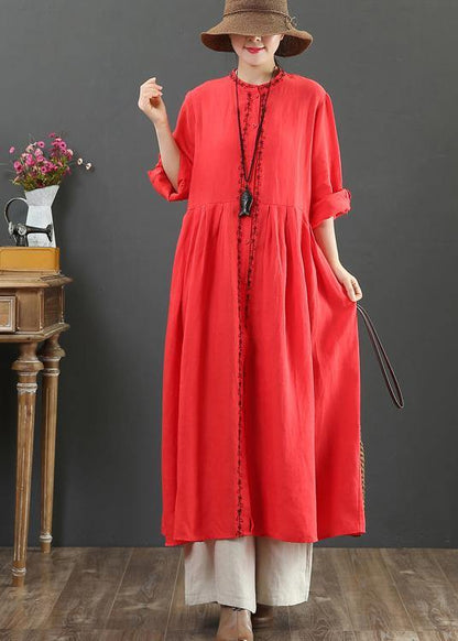Red Cotton Outfit O Neck Cinched Robes Spring Dress