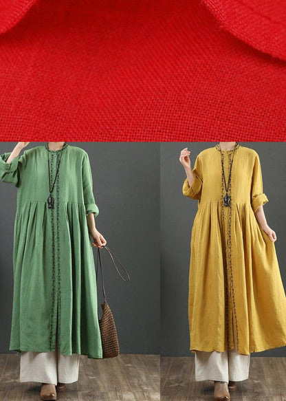 Red Cotton Outfit O Neck Cinched Robes Spring Dress