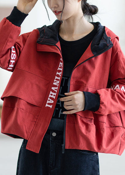 Red Zippered Graphic Patchwork Fall Hooded Coat