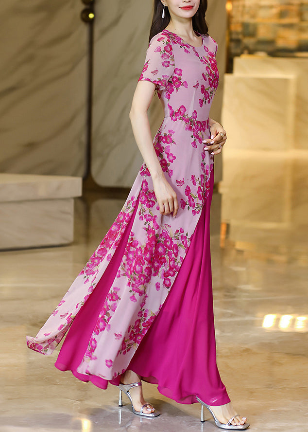 Rose Asymmetrical Print Patchwork Chiffon Dresses Summer