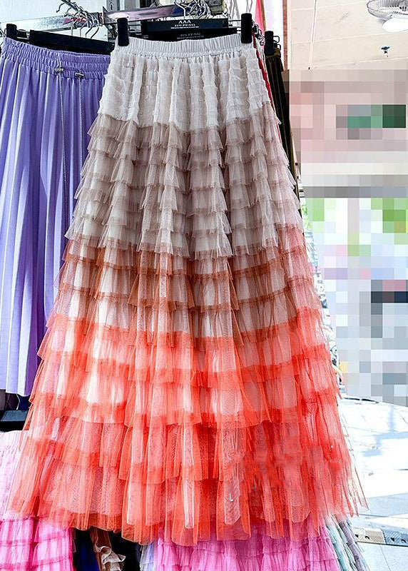 Rose Gradient Color Wrinkled Elastic Waist Tulle Skirt Summer