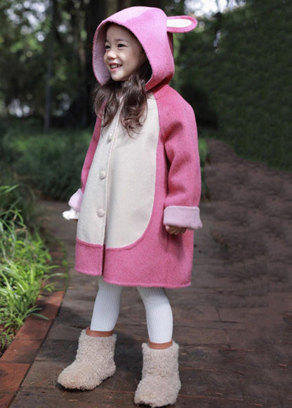Rose Hooded Button Patchwork Coat Long Sleeve