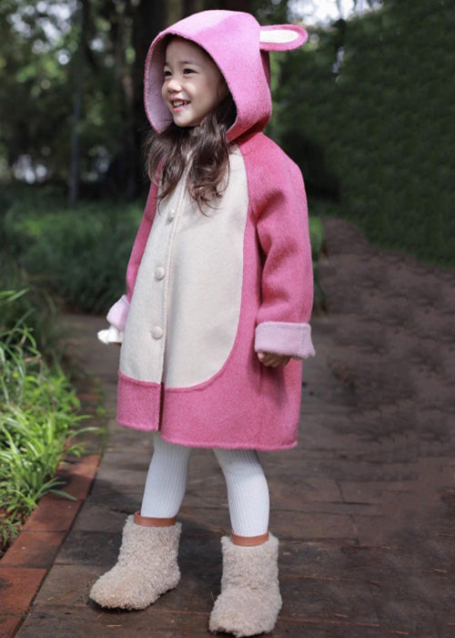 Rose Hooded Button Patchwork Coat Long Sleeve