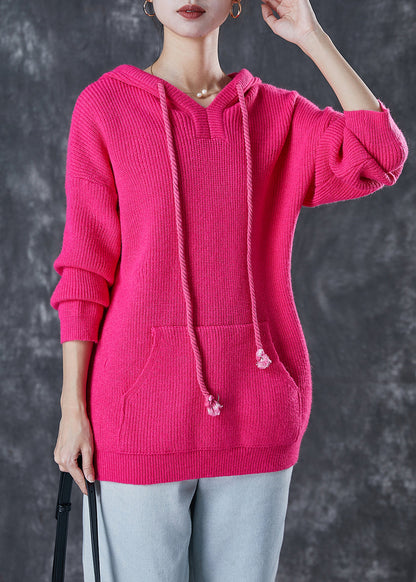 Rose Hooded Drawstring Knit Sweatshirts Top Spring