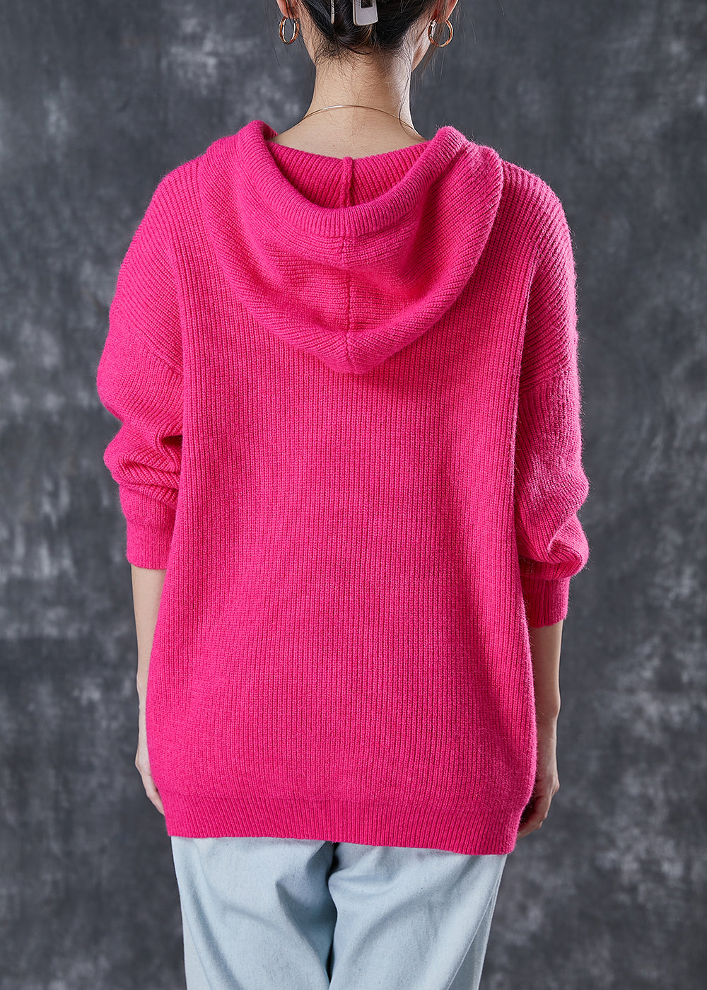 Rose Hooded Drawstring Knit Sweatshirts Top Spring
