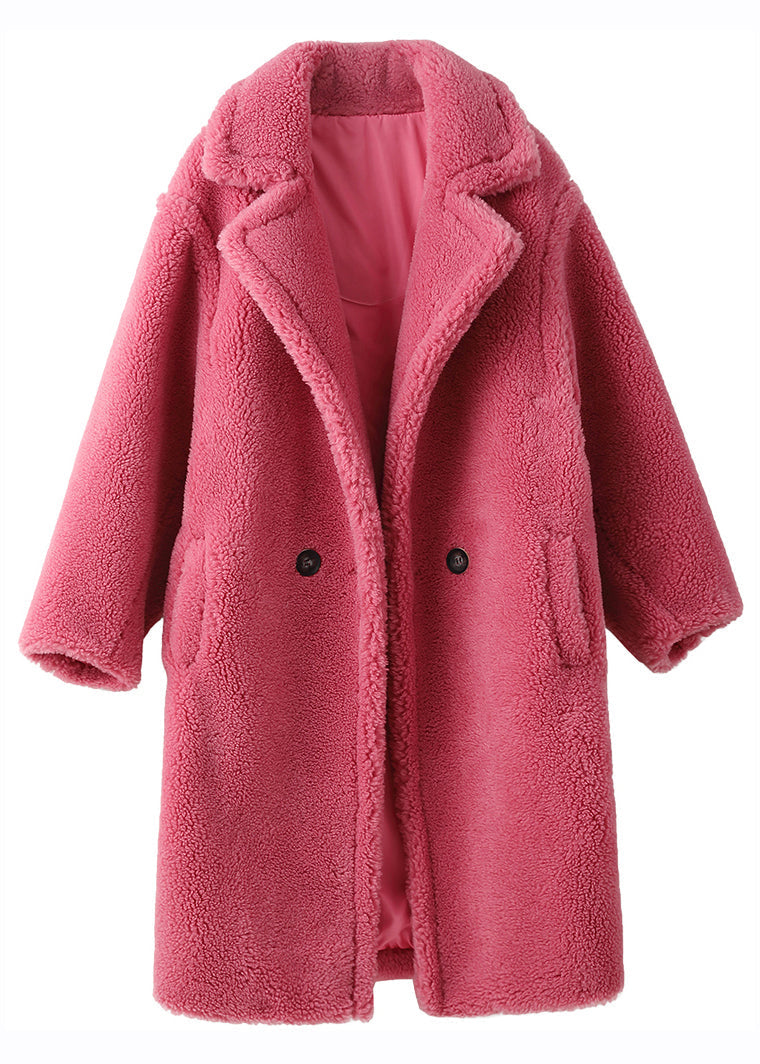 Rose Notched Pockets Cozy Loose Faux Fur Coat Long Sleeve