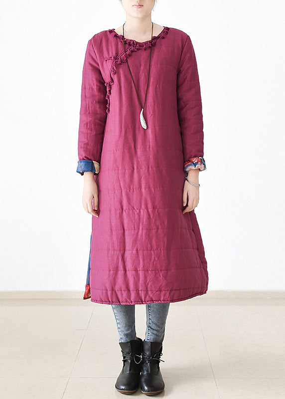 Rose O-neck Button Side Open Thick Cotton Blend Long Parka Witner