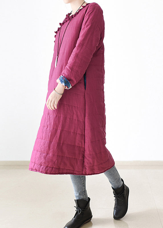 Rose O-neck Button Side Open Thick Cotton Blend Long Parka Witner