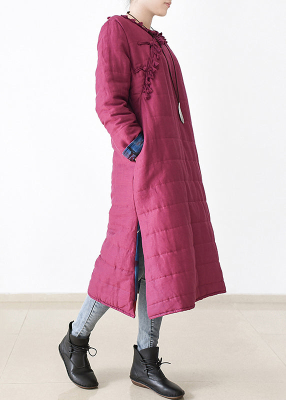 Rose O-neck Button Side Open Thick Cotton Blend Long Parka Witner