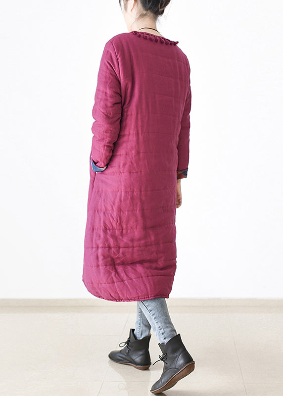 Rose O-neck Button Side Open Thick Cotton Blend Long Parka Witner