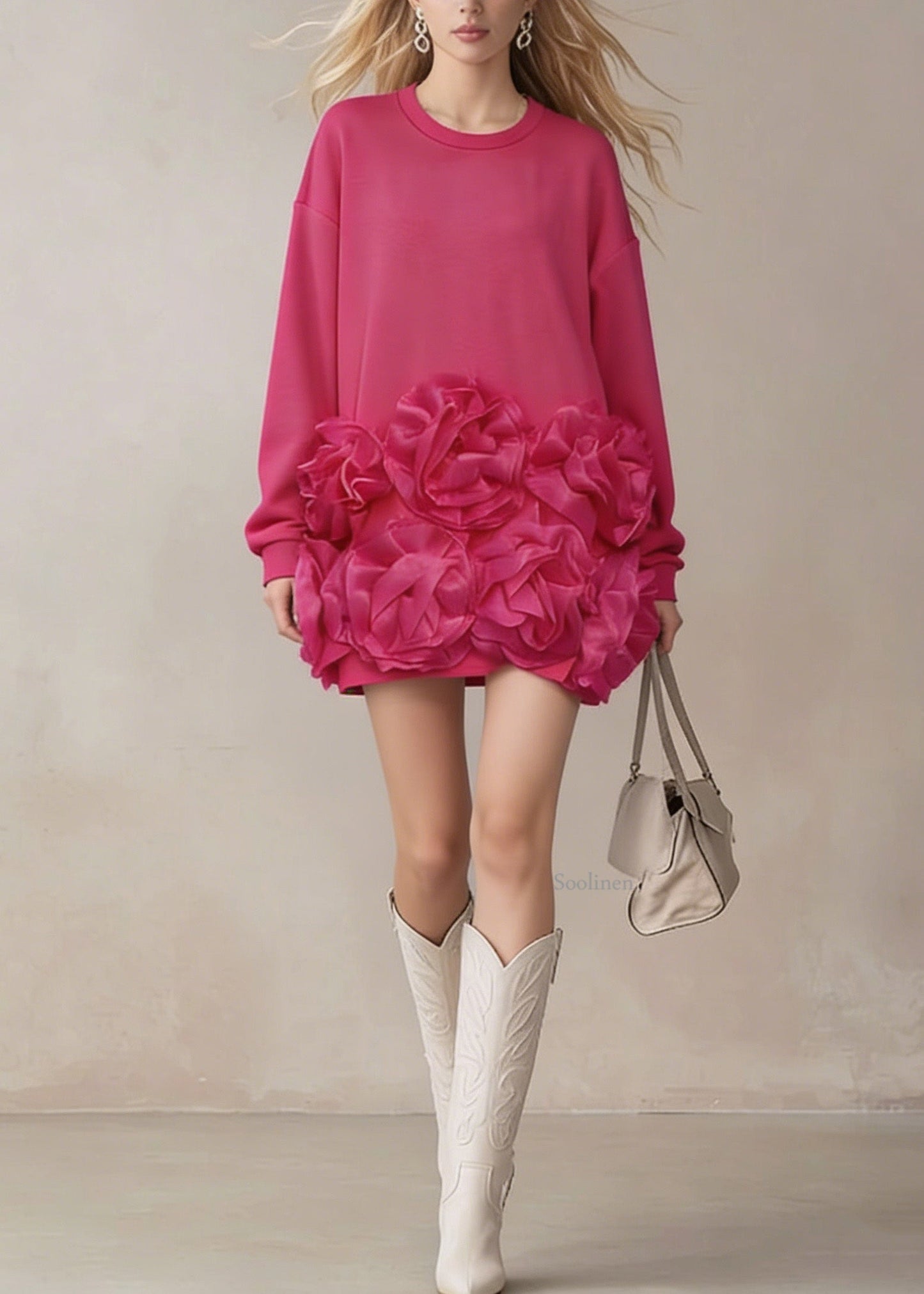 Rose O Neck Cotton T Shirt Dress Spring