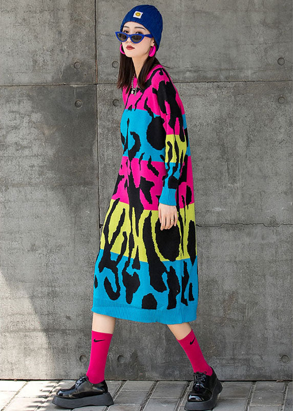 Rose O-neck Loose Knit Fall Straight Maxi Dress Long Sleeve