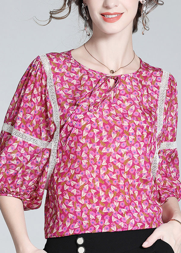 Rose O-neck Print Neck Tie Silk Tops Short Sleeve