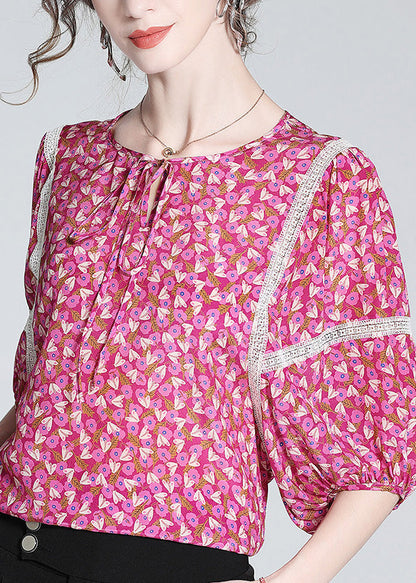 Rose O-neck Print Neck Tie Silk Tops Short Sleeve