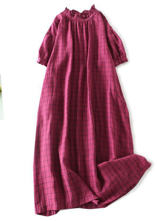 Rose Plaid Ruffled Pockets Patchwork Linen Dresses Summer