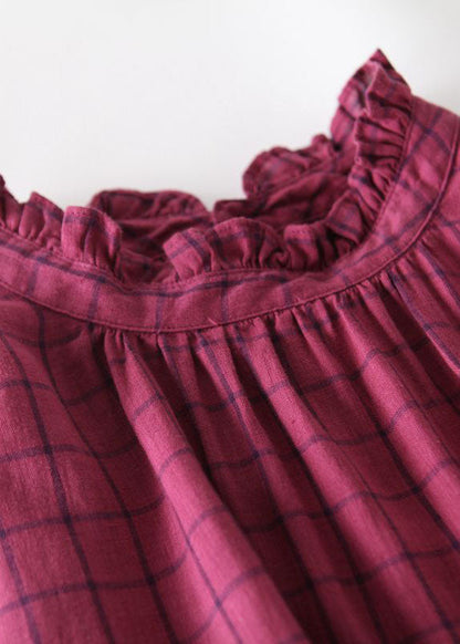 Rose Plaid Ruffled Pockets Patchwork Linen Dresses Summer