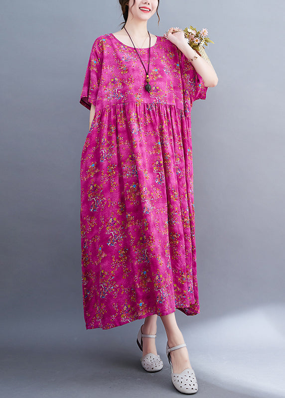 Rose Print Patchwork Long Dresses Short Sleeve