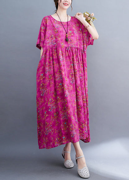 Rose Print Patchwork Long Dresses Short Sleeve