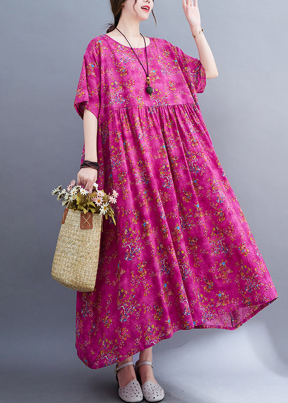 Rose Print Patchwork Long Dresses Short Sleeve