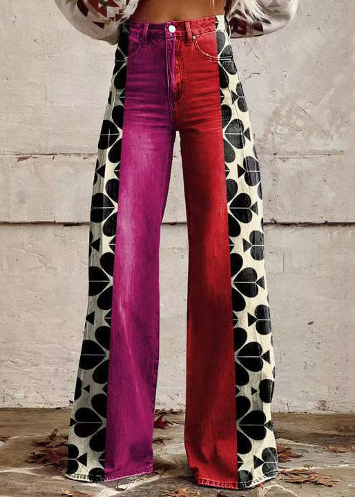 Rose Print Pockets High Waist Denim Pants Spring