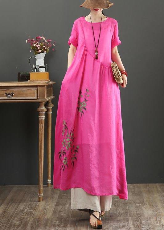 Rose Print Asymmetrical Design Party Summer Linen Dress