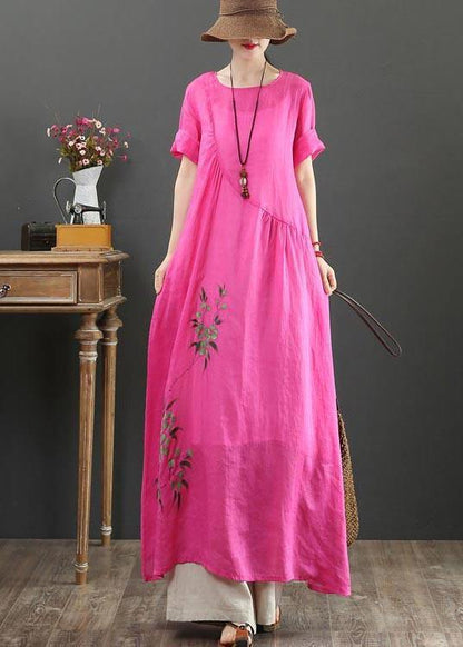 Rose Print Asymmetrical Design Party Summer Linen Dress
