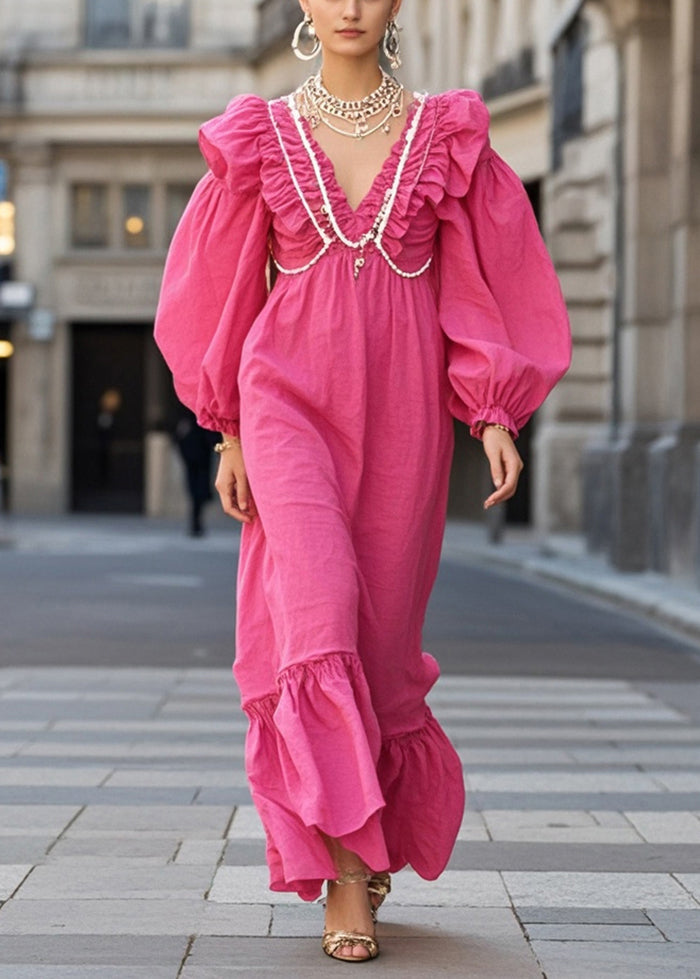 Rose Ruffled Nail Bead Cotton Vacation Dresses Spring