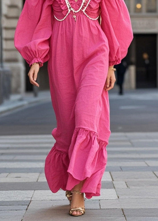 Rose Ruffled Nail Bead Cotton Vacation Dresses Spring