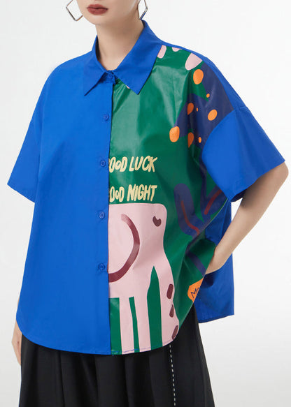 Royal Blue Print Button Patchwork Cotton Blouse Tops Short Sleeve