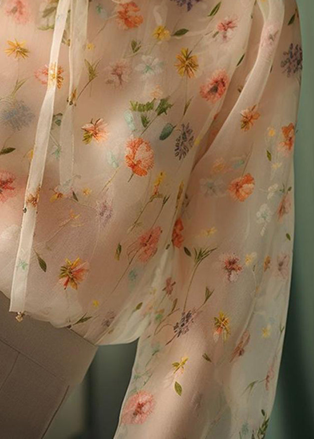 Ruffled Lace Up Print Chiffon Shirt Fall