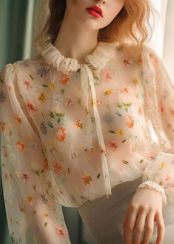 Chic Ruffled Lace Up Print Chiffon Shirt Fall