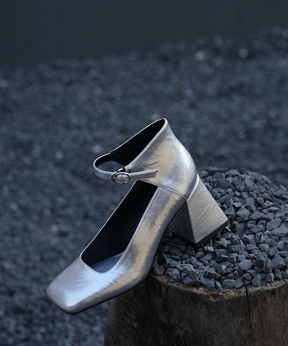 Silver Buckle Strap Splicing Chunky Heel Shoes