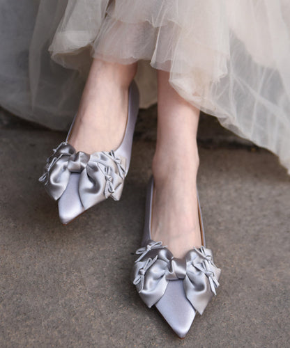 Silver Grey Bow Splicing Flat Feet Shoes Pointed Toe