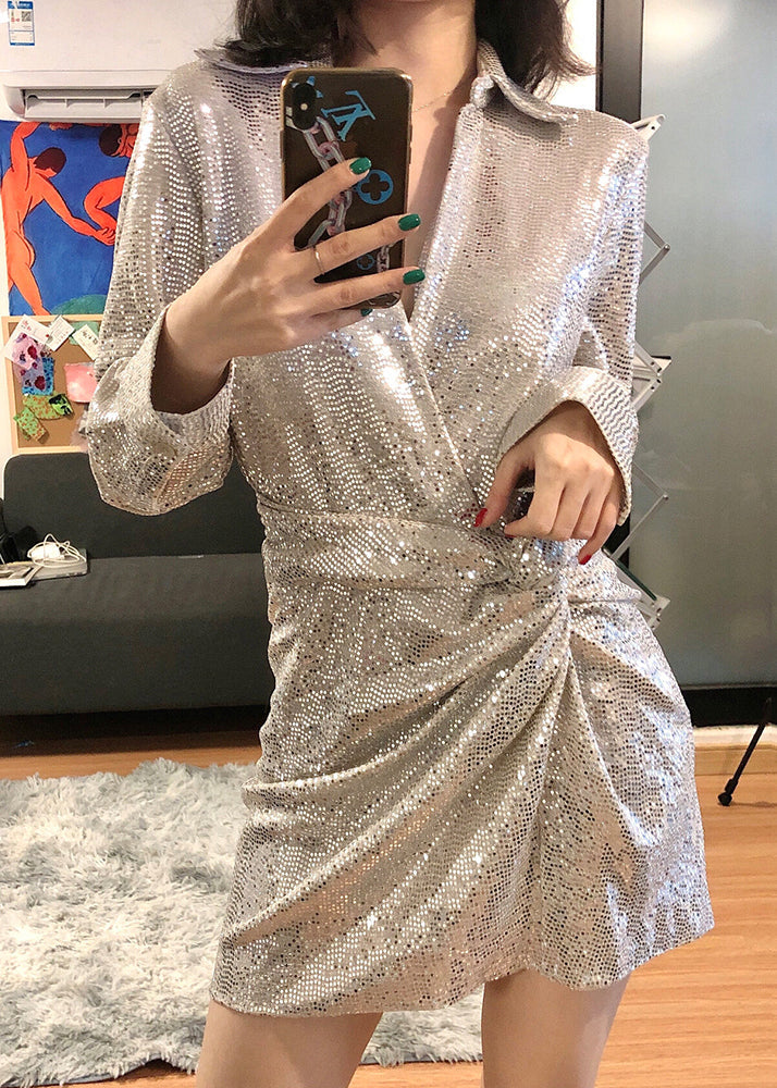 Silver Peter Pan Collar Sequins Mid Dress Spring
