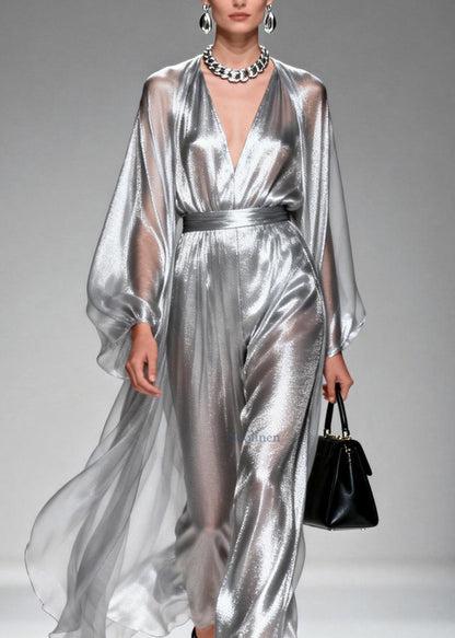 Silver V Neck Silk Long Dresses Spring