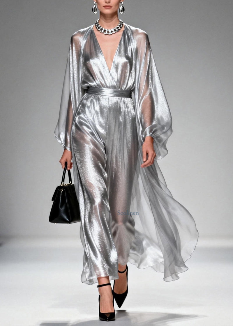 Silver V Neck Silk Long Dresses Spring