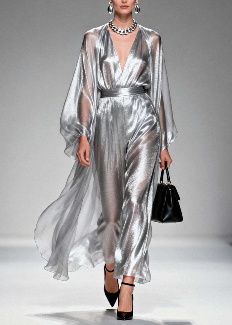 Silver V Neck Silk Long Dresses Spring