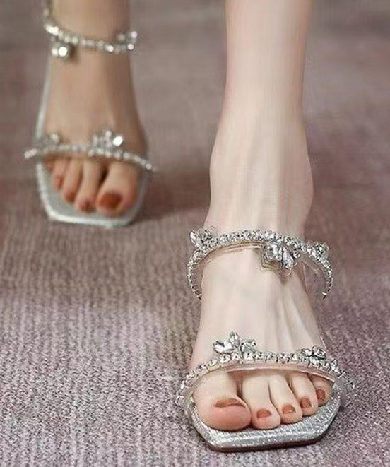 Silver Zircon Peep Toe Chunky Heel Slide Sandals