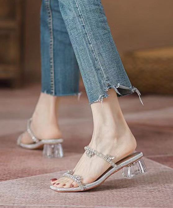 Silver Zircon Peep Toe Chunky Heel Slide Sandals