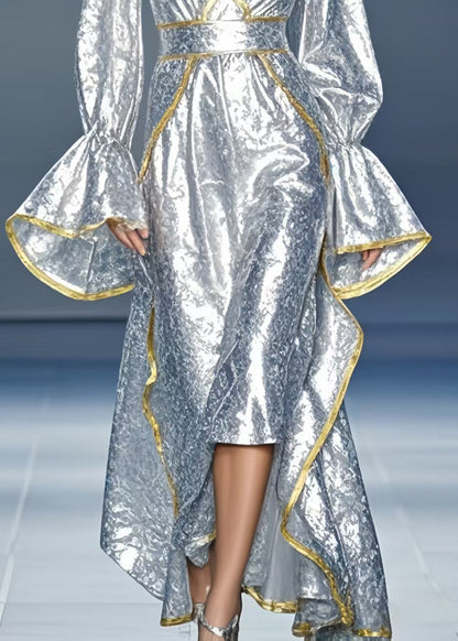 Silvery Asymmetrical Design Silk Vestidos Dress Flare Sleeve