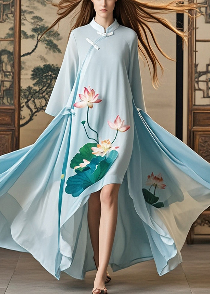 Sky Blue Asymmetrical Lotus Print Chiffon Oriental Dress Spring